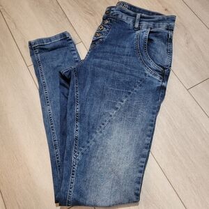 Cream Women's Bailey High Rise Rhinestone Button Fly Denim Jeans 28 Blue Stretch